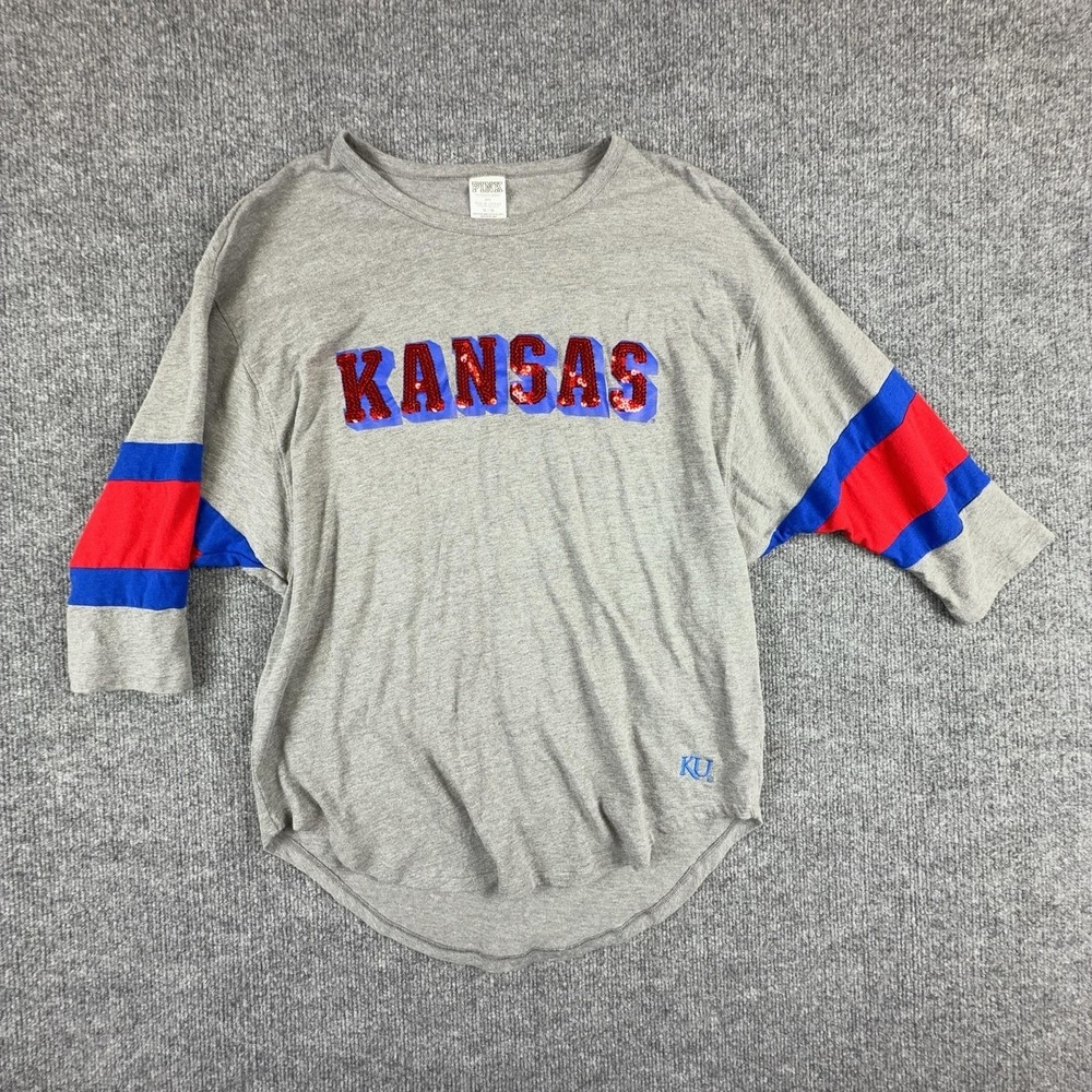 Kansas Jayhawks Shirt Womens Medium Gray Blue NCAA Basketball PINK VS Sequin